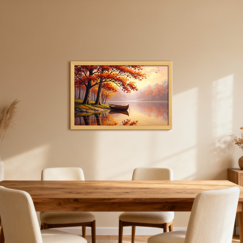 Plantes et fleurs, arbres d'automne, lac, bateau, reflet, coucher de soleil, scène paisible, H 16 po x l 24 po, Toile tendue
