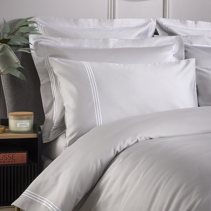 Cate 800 Thread Count Triple Row Cord Embroidered Sateen Pillow Cases, Grey/White