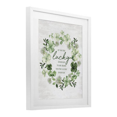 Lucky To Be Irish Wreath Framed Print Under Glass, design by Lettered and Lined
