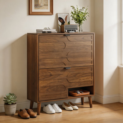 Armoire à chaussures indépendante médiévale moderne, armoire à chaussures en noyer de 31,5 pouces, armoire à chaussures avec 2 tiroirs rabattables, convenant aux couloirs et aux entrées