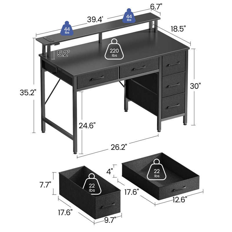 Computer Desk with Monitor Stand & Charging Station, Gaming Desk with LED Lights &  Drawers, Black