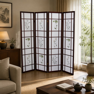 Cherry Finish 4-Panel Shoji Room Divider, Traditional Asian-Inspired Design for Privacy and Decor