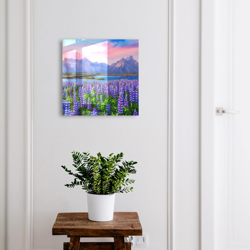 Key box for wall, Opens to the right, 30x30x5, Black, Colorful flowers against the backdrop of mountains radiate peace, 