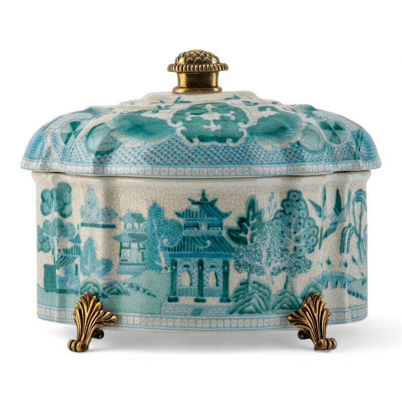 Porcelain Willow Pattern Lidded Box with Bronze Feet