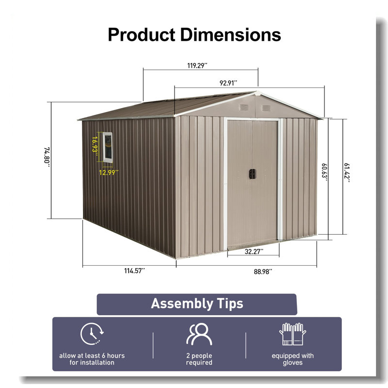 Gray 8' x 10' Metal Outdoor Storage Shed with Windows