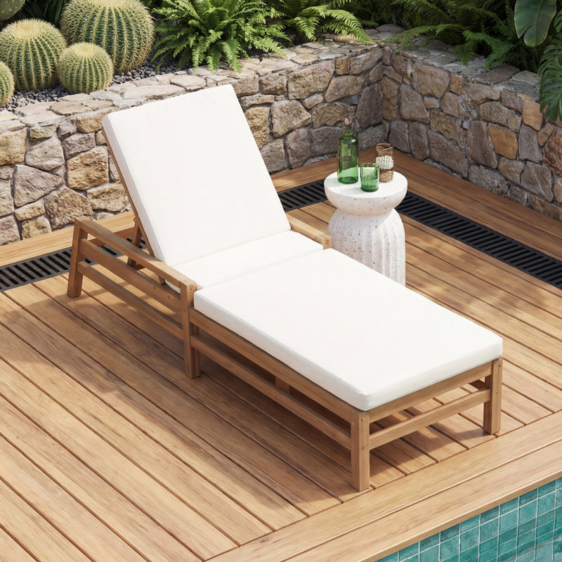5-Position Adjustable Outdoor Chaise Lounge, Solid Wood Patio Recliner with Thick Cushions, Weather-Resistant for Pool, Balcony & Garden