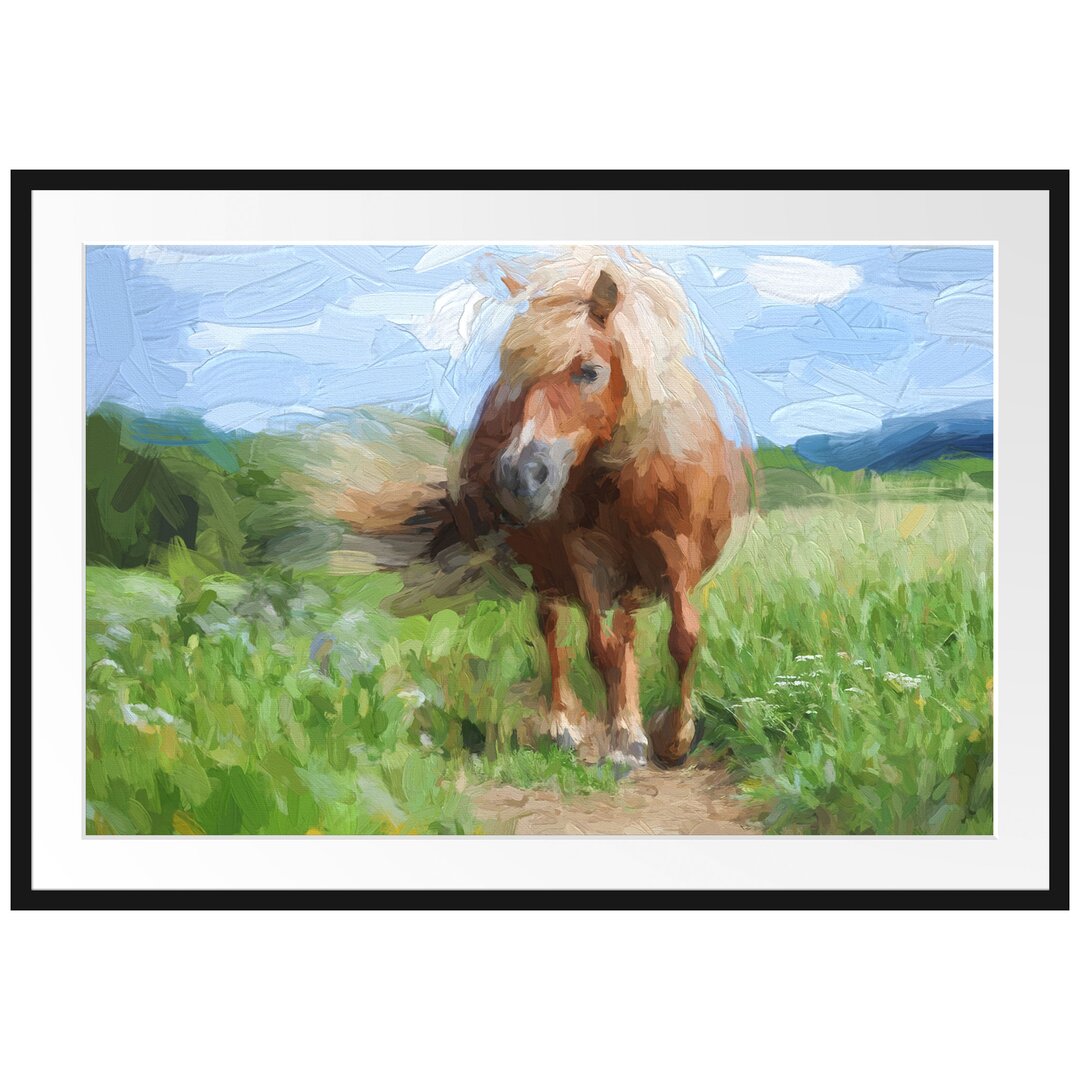 Gerahmtes Papierbild Shetlandpony auf der Wiese