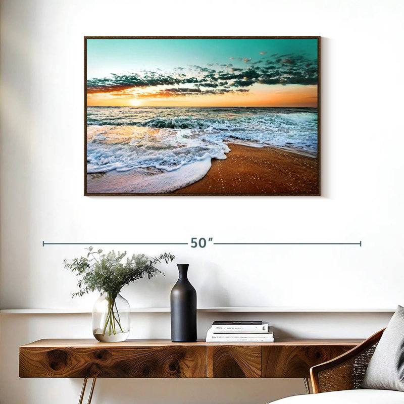 Plage rétro de Cancun, 37 po x 25 po, Cadre flottant noyer
