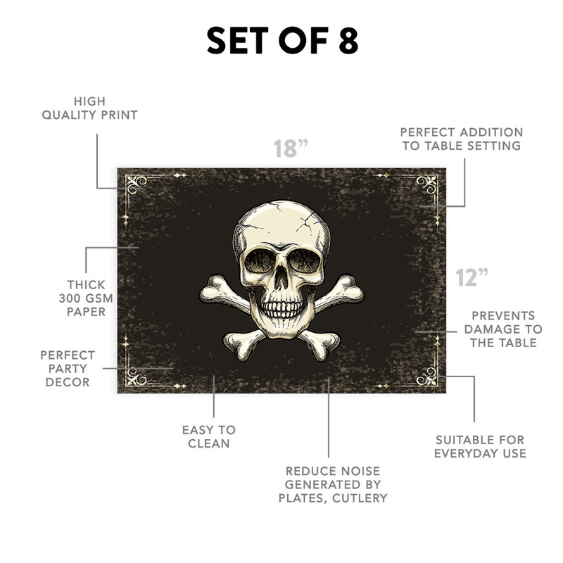 Halloween Placemats, Skull And Crossbones Disposable Cardstock Paper Table Mats For Dining, 8-Pk
