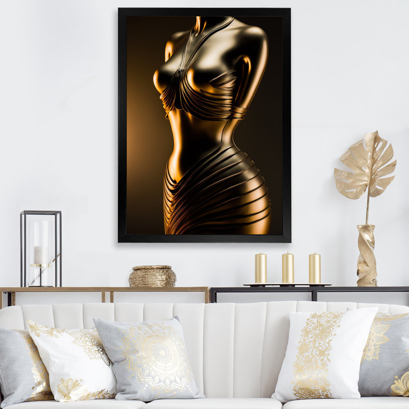 «Louviere Stylish Golden Dress Mannequin I», reproduction d'art sur toile abstraite, Impression noire sur toile encadrée