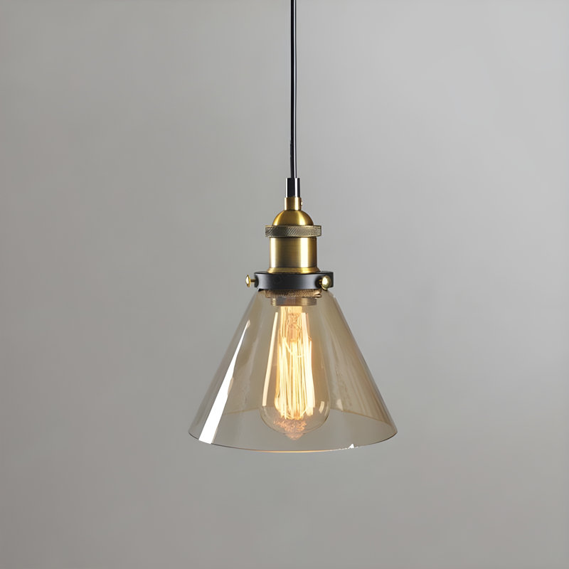 Industrial Pendant Light with Glass Shade Brass Fittings Smokey Grey Clear or Gold, Gold