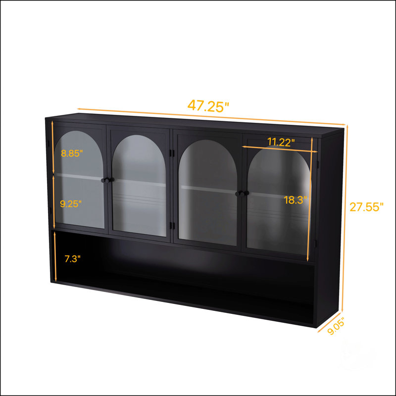 47.25" Four-Door Glass Wall Cabinet Storage With Shelf,Cupboard, Black