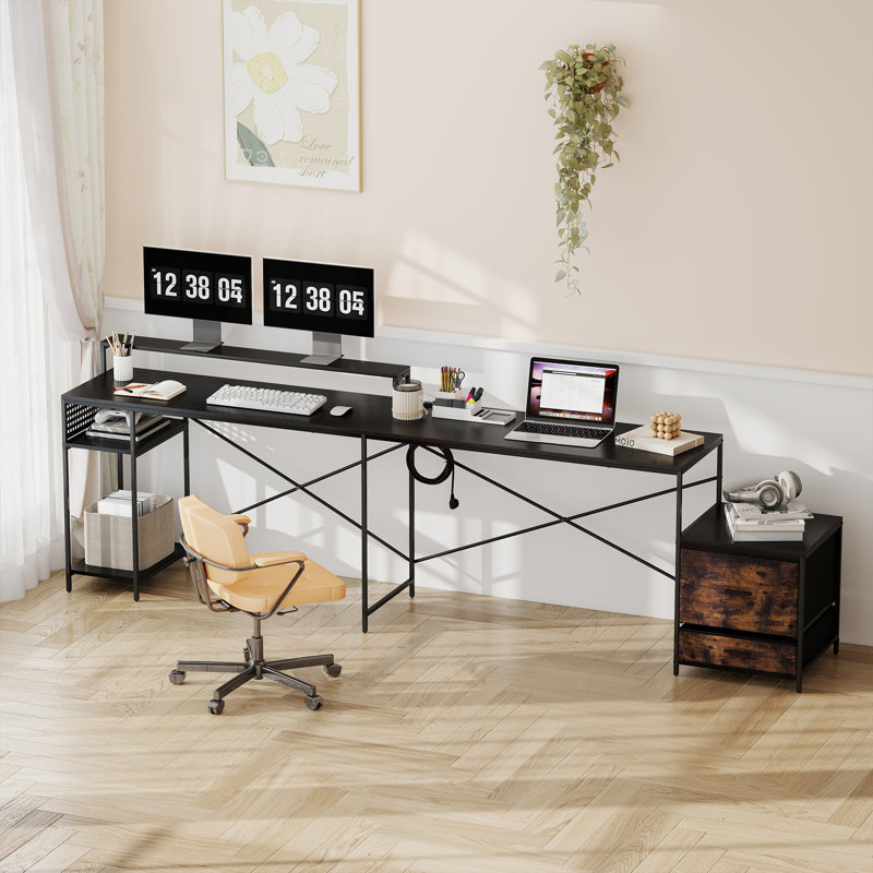 2-in-1 Convertible L-Shaped or Straight Computer Desk with Fabric Drawers, CPU Shelf & Built-in Power Outlets, Black
