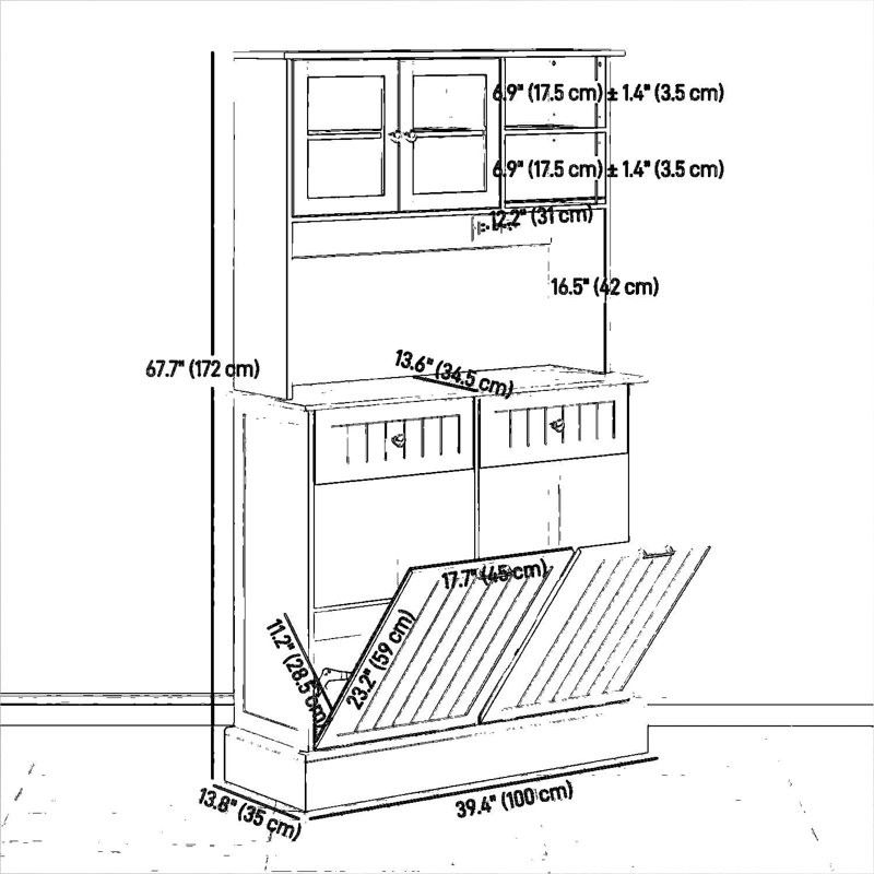Armoire de cuisine autoportante avec station de charge, 2 armoires à poubelle inclinables, tiroirs et portes en verre, tablettes réglables pour un rangement polyvalent
