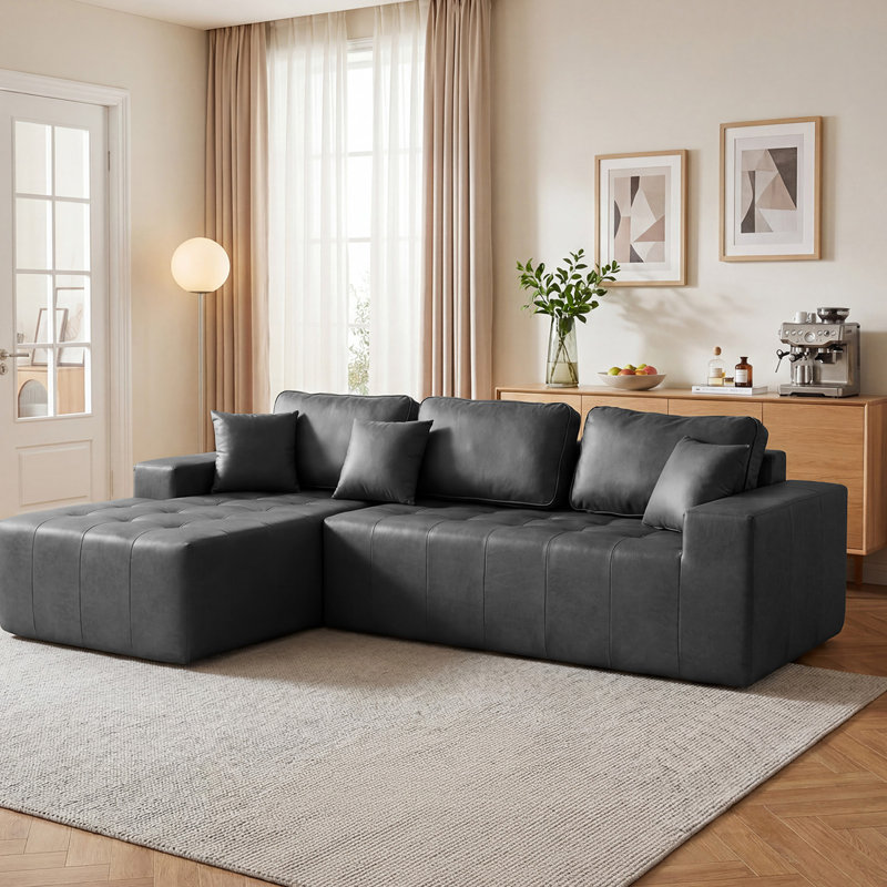 Canapé-lit de coin en similicuir avec méridienne à compression, canapé modulaire en forme de L avec éponge à haute densité, canapé convertible sans assemblage requis pour le salon, appartement, chambre d'amis (noir)