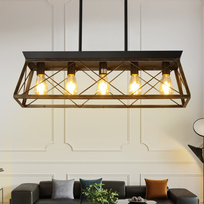 Black And Gold 5-Light Farmhouse Chandelier For Dining Room, Modern Rectangular Metal Pendant Light Fixture (No Bulbs)