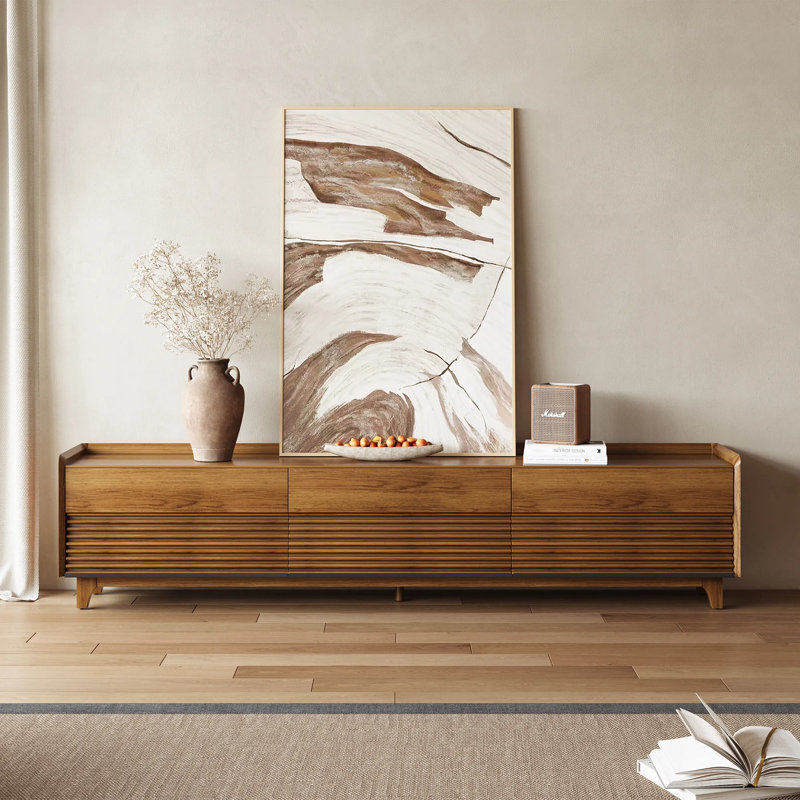 Meuble télé Mid-Century moderne avec lumière DEL, entièrement assemblé, H 22,44 po x L 94 po x l 15,75 po, Brun