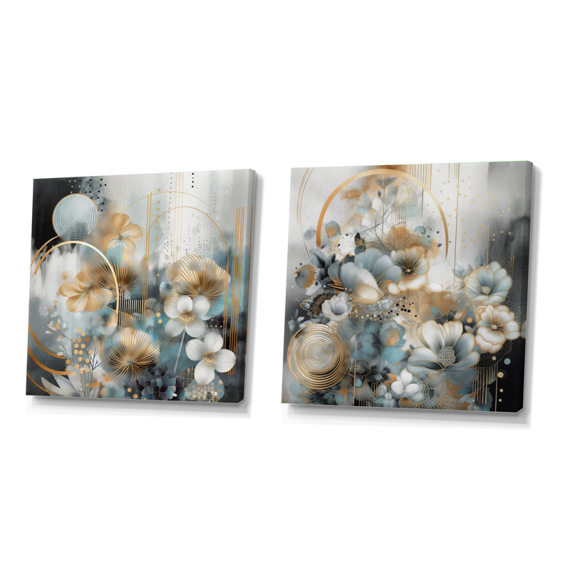 Golden Blue Silky Flower Design - Ensemble de 2 collages floraux carrés, Toile tendue, H 36 po x l 73 po
