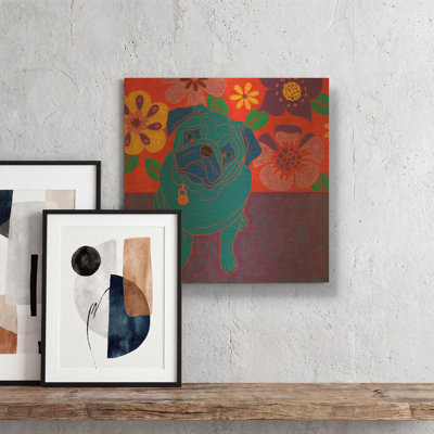 «Perspicace Pug» par Angela Bond, art mural en métal doré, 12 po x 12 po