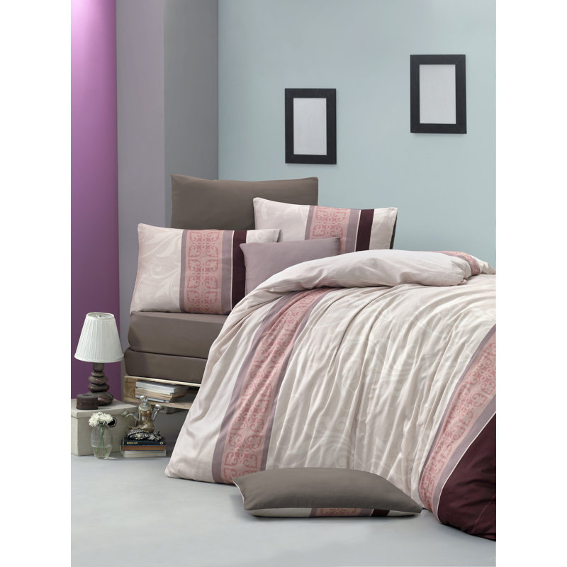 Ensemble de housse de couette 100% coton beige / brun / rose / crème Zebediah