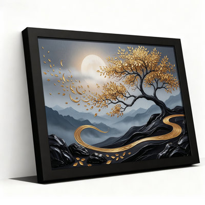 Golden Tree With Moonlit Mountains Canvas Wall Art