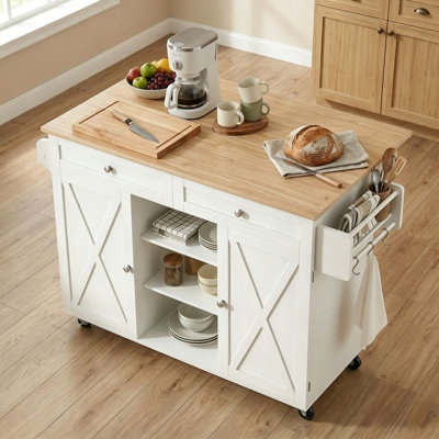 50"W Kitchen Island with Drop-Leaf Countertop, White Rolling Kitchen Storage Cabinet with Locking Wheels