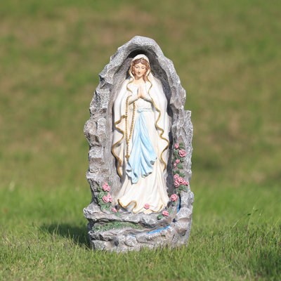 17,5 "Statue de Notre Dame de Lourdes, statue de jardin de la Vierge Marie Grotte, sculpture religieuse en résine peinte à la main pour patio, jardin, jardin et intérieur