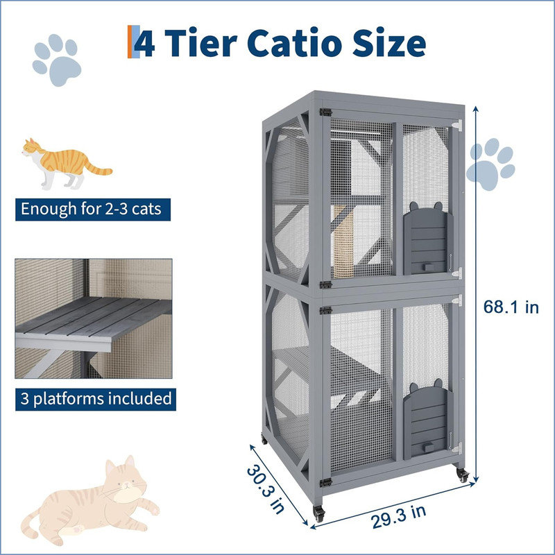 68'' Window Catio Outdoor Cat Enclosure On Wheels, Large Cats Kitty House with Waterproof Roof, Cat Playpen Outside Cattery with Platforms, Resting Box and Scratching Post