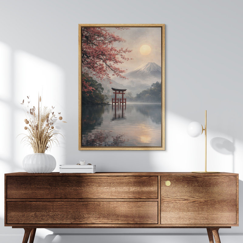 «Cherry Blossom Lake with Torii Gate and Snow Mountain Sunrise», reproduction d'art sur toile encadrée, H 24 po x l 16 po