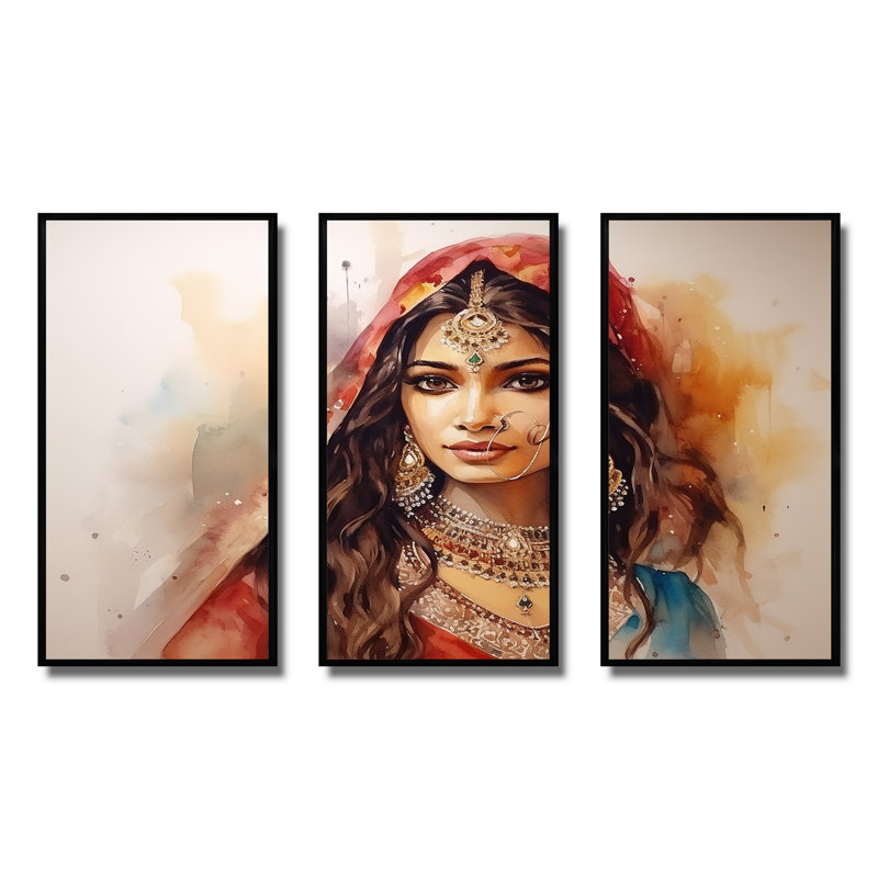 Art indien sur toile, femme indienne, Cadre flottant noir, H 40 po x l 61 po