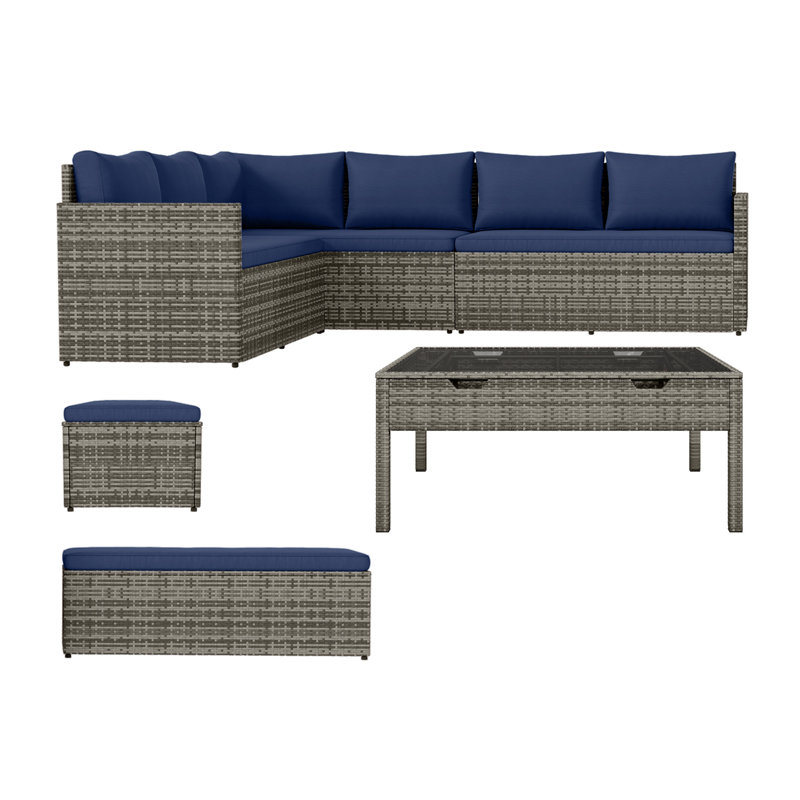 Ensemble de conversation pour canapé modulaire en osier 6 pièces 6 pièces bleu marine, Bleu, Gris