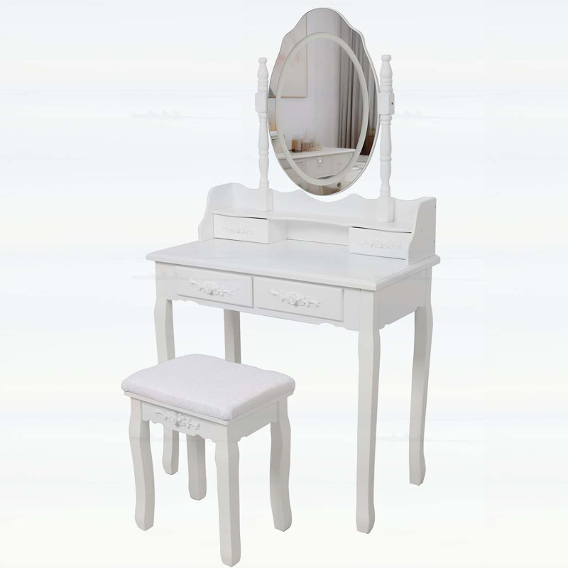 Ensemble de coiffeuse White Princess avec miroir lumineux à DEL, rangement à 4 tiroirs et tabouret rembourré pour chambre de fille