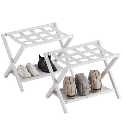 Porte-bagage blanc, ensemble de 2, porte-valise pliable avec tablette de rangement, porte-bagage en bambou avec 5 sangles en nylon pour chambre d'hôtel
