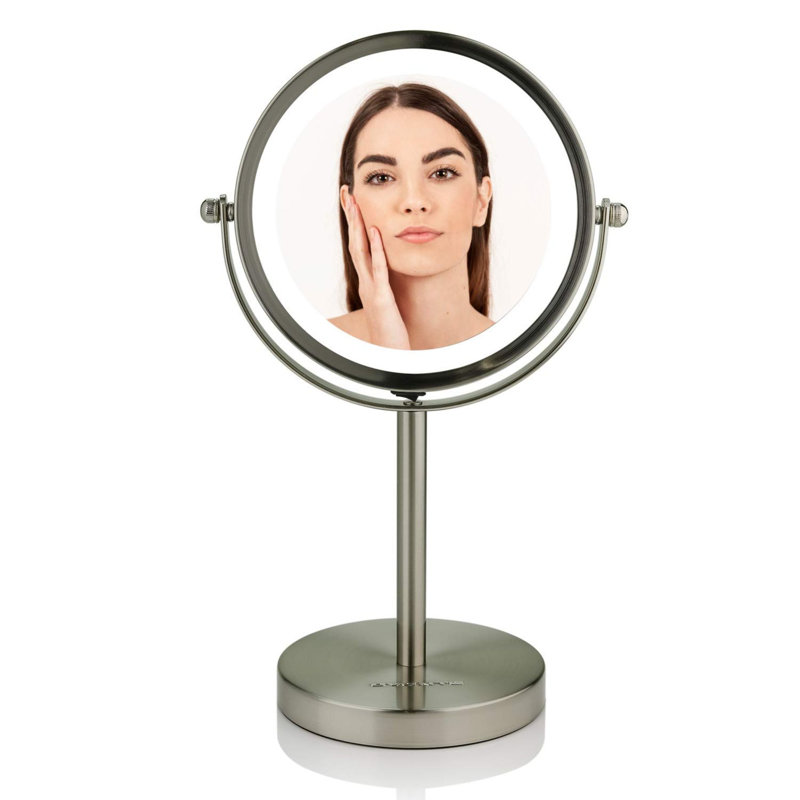 OVENTE 6" Lighted Makeup Mirror with 1X/7X Magnification, Cordless Tabletop Mount Vanity Round Mirror with 360° Swivel Design and Double Sided Cool Tone LED Ring Light, Nickel Brushed MLT60BR1X7X