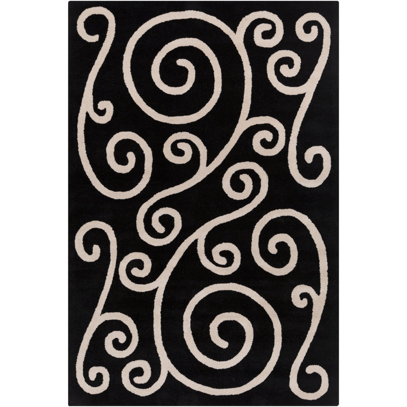 Tapis en laine à formes abstraites touffeté à la main noir et crème Ailey Authentic, 8 pi x 10 pi