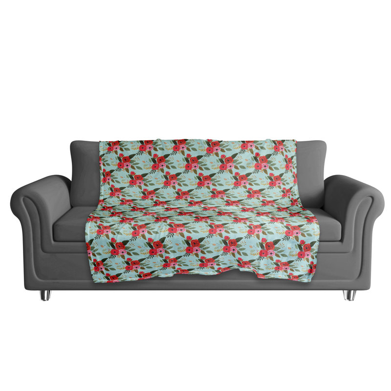 Jeté polaire rouge à motif floral, Bleu