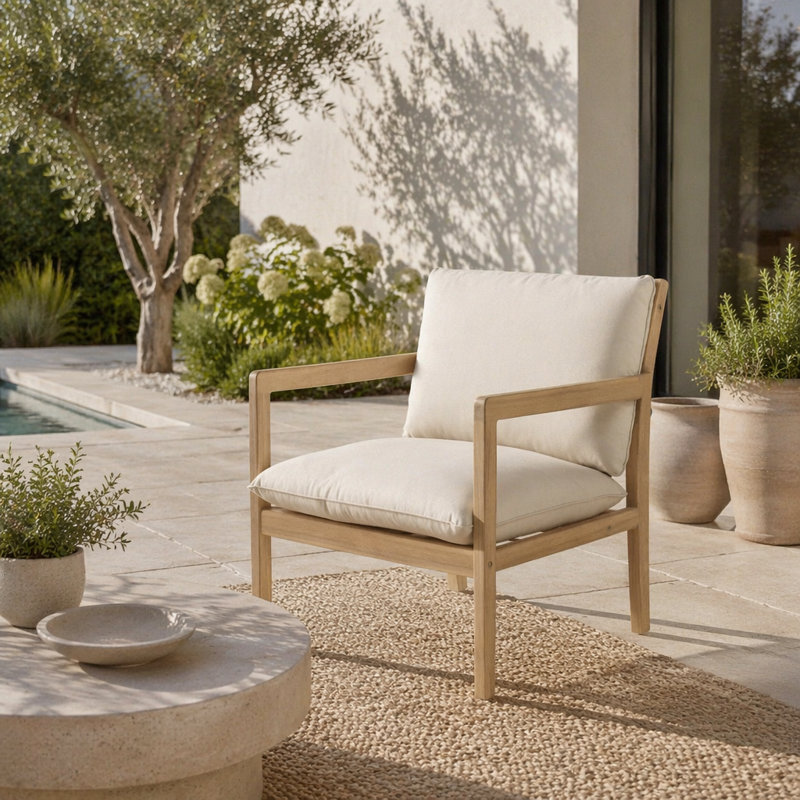 Fauteuil d'extérieur en bois d'acacia, ensemble de 2, fauteuil club de patio avec coussins, teck clair