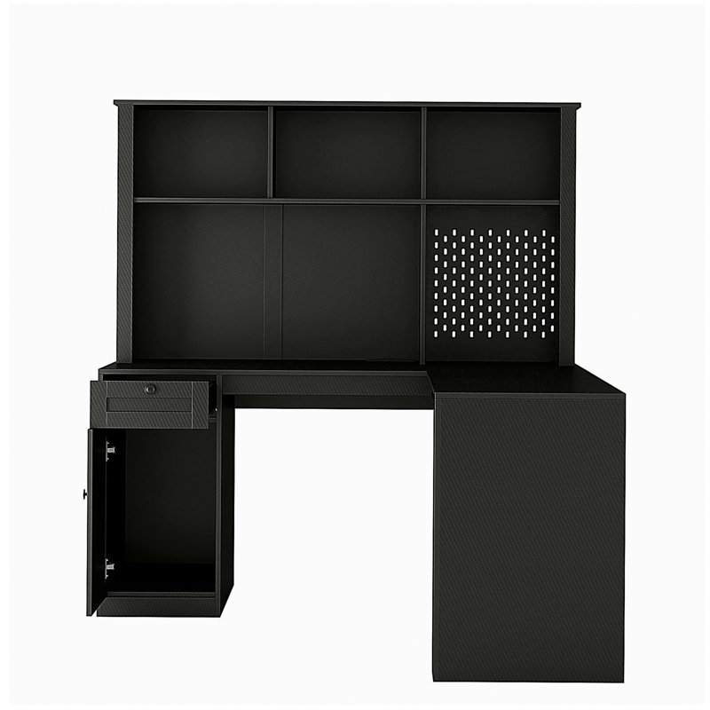 Bureau en L avec chargeur, bureau d'ordinateur avec tiroirs, bibliothèque, bureau d'angle moderne, bureau à domicile, bureau d'écriture en L, bureau d'ordinateur en fibre de carbone avec rangement, noir