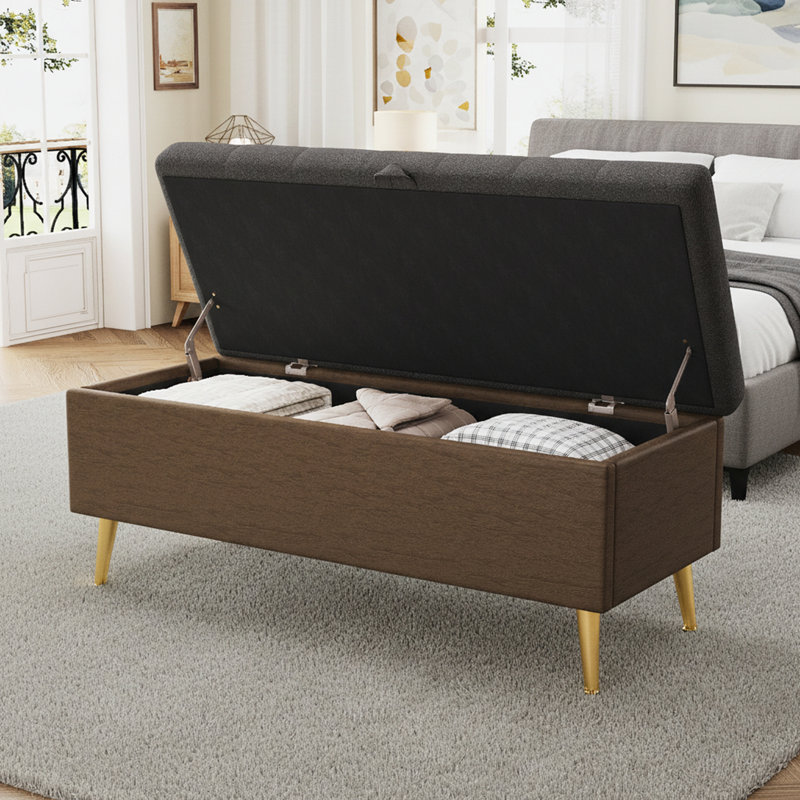 Banc de rangement rembourré avec couvercle relevable, Gris