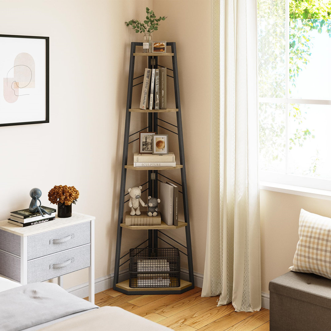 Industrial Corner Bookshelf Modern Floorstanding Corner Bookcase Ladder Shelf Wooden Open Display Shelving Unit For Living Room, Hallway