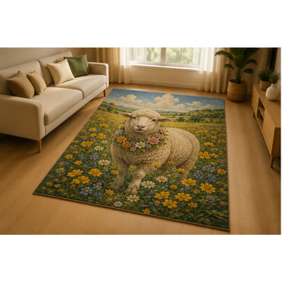 Tapis « ultra fin » 152 x 213 cm (5 pi x 7 pi) à motif de moutons et de fleurs sauvages, idéal pour le salon. Tapis d'intérieur doux à poils courts avec envers antidérapant en silicone. Décoration florale et animaux de la ferme pour la chambre, la chambre de bébé, la chambre d'enfant, pour les enfants et les animaux de compagnie.