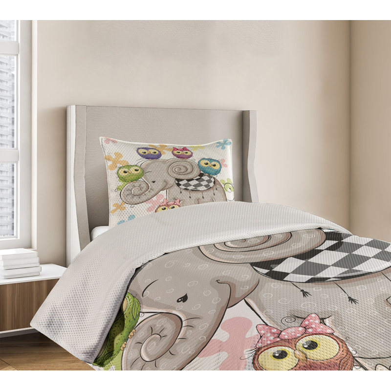 Kids Unisex White Quilted Bedspread Set with Owl Design