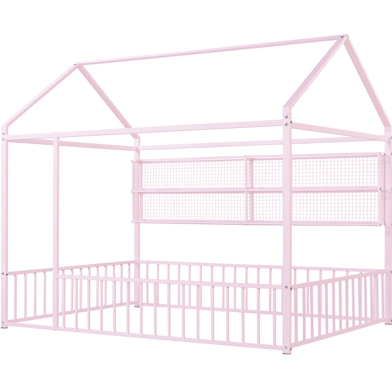 Lit en métal rose avec clôture et tablettes - pleine grandeur, maximisant les choix de style de rangement dans la chambre à coucher