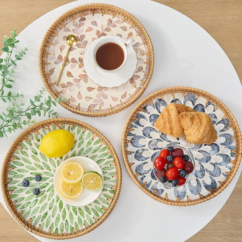 Plateau rond en rotin pour la décoration intérieure, plateau de service Boho moderne avec incrustation de nacre, panier en osier tissé à la main pour table basse, vert