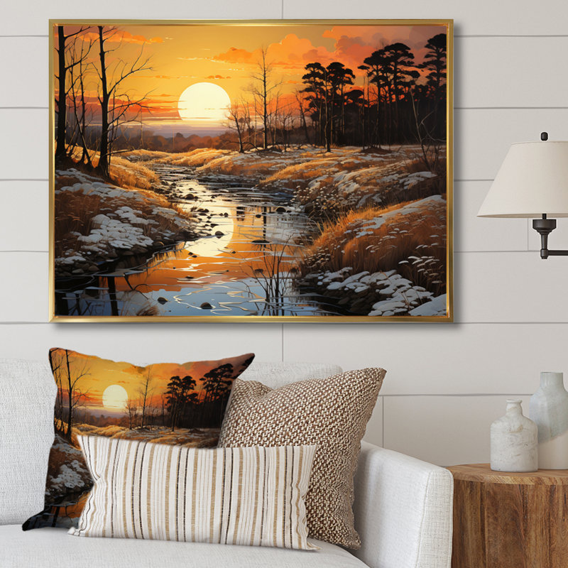 Golden Sunrise Silhouetted IV - Landscapes Wall Decor, H 16 po x l 32 po x P 1 po, Cadre flottant doré