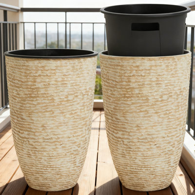 Ensemble de 2 grandes jardinières avec pots intérieurs, grandes jardinières rondes en plastique de 21 po de hauteur avec finition imitation pierre pour le jardinage en pot intérieur et extérieur