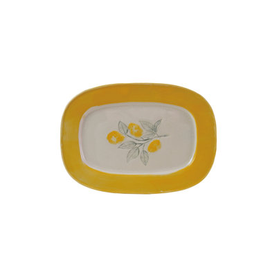 Assiette en grès avec des citrons, glacis craquelé réactif