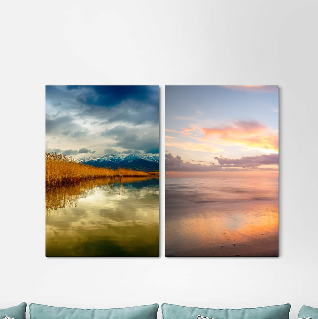 2-tlg. Leinwandbilder-Set - Grafikdruck „Mountain Lake Sea Horizon Silence Calming”