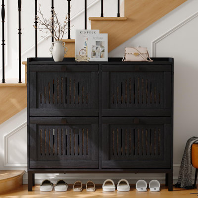 Slim 4-Door Flip Drawer Shoe Cabinet with Adjustable Shelves & Hooks, Space-Saving Entryway Organizer