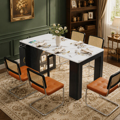 Extendable Dining Table with 3 Removable Middle Leaves, Mobile Rolling Island Table with Power Outlet, Saving-space Cabinet with Storage for Dining Ro